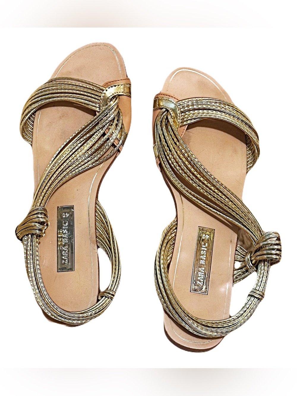 Zara Metallic Gold Braided Flat Sandals